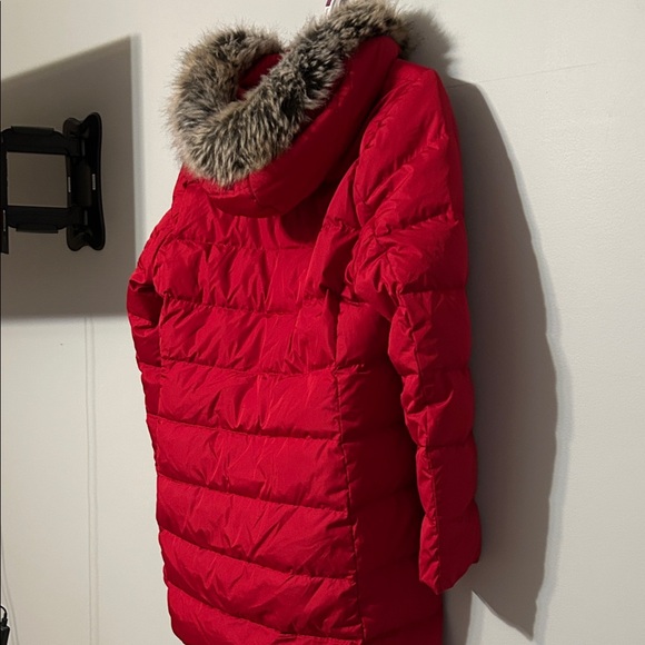 Lands' End Women's red hooded  mid length downcoat. Lrg 14-16. Warm to -25. - Picture 6 of 14